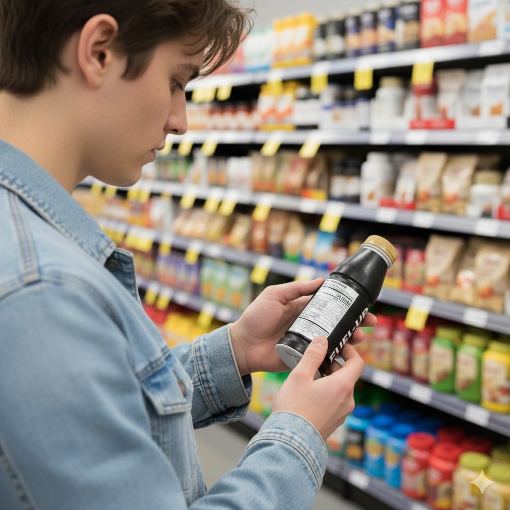 Person reading a nutrition label on a meal replacement shake bottle for diabetic