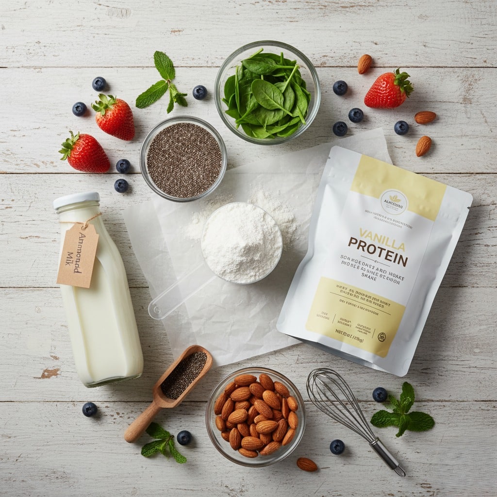 Ingredients for a diabetic-friendly meal replacement shake, including protein powder, chia seeds, and almond milk."