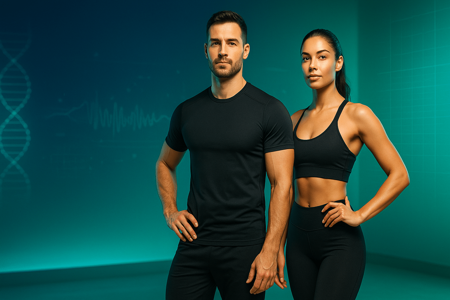 A fit man and woman in black athletic wear standing confidently in a modern, teal-lit fitness studio with digital DNA and health graph elements in the background."