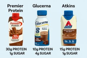 Comparison infographic of Premier Protein, Glucerna, and Atkins shakes showing protein and sugar content difference