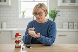 Illustration showing pros and cons of artificial sweeteners in protein shakes for diabetics.