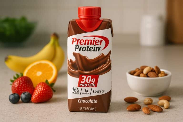 Premier Protein chocolate shake bottle with fresh fruits and nuts on a kitchen counter, symbolizing a healthy diabetic-friendly option