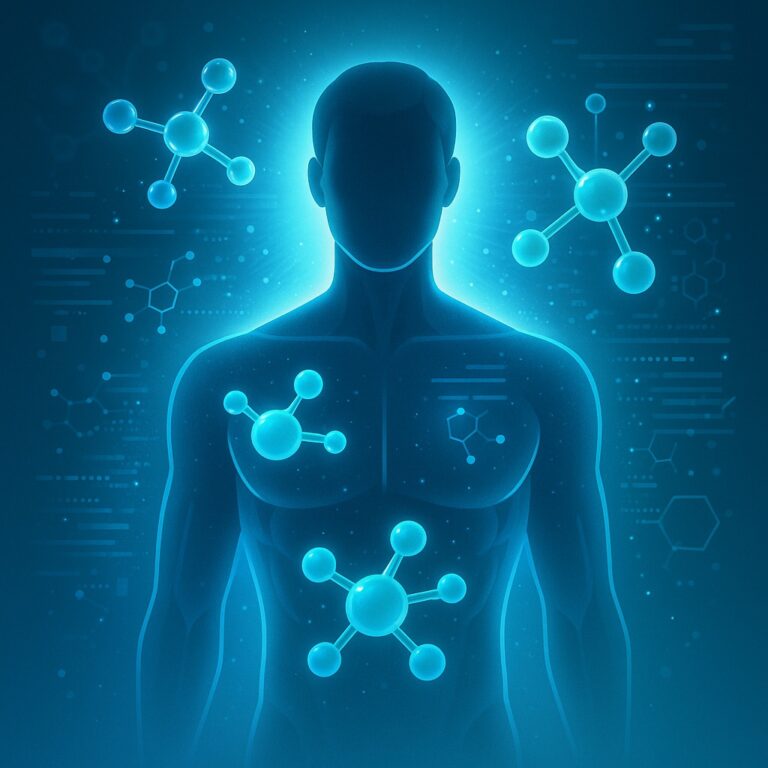 A glowing blue, stylized illustration of a human male figure shown from the torso up, without facial details. Around and inside the body are floating molecular structures, representing biochemical or peptide activity. The background contains subtle scientific graphics and molecular diagrams.