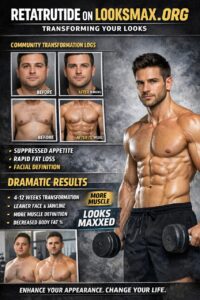 Promotional fitness transformation graphic highlighting Retatrutide’s popularity on Looksmax.org, featuring before-and-after face and body photos showing fat loss and increased muscle definition over 8–12 weeks, with text emphasizing appetite suppression, improved facial definition, reduced body fat percentage, and enhanced overall appearance.