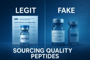 Comparison image showing sourcing quality peptides, contrasting legitimate peptides with a certificate of analysis versus fake or unverified peptide vials.