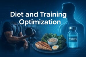 Concept image illustrating diet and training optimization alongside peptide supplementation, featuring strength training, balanced nutrition, and a peptides vial.