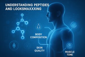 Illustration explaining peptides and looksmaxxing, showing how peptides may influence body composition, skin quality, and muscle tone in the human body.