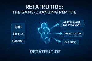 Infographic titled ‘Retatrutide: The game-changing peptide’ showing its triple action on GIP, GLP-1, and glucagon to support appetite suppression, metabolism, and fat loss.