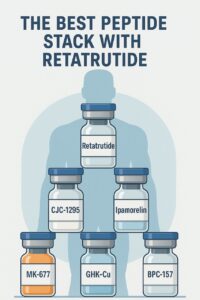 Illustration showing the best peptide stack with Retatrutide, featuring stacked vials of Retatrutide, CJC-1295, Ipamorelin, MK-677, GHK-Cu, and BPC-157 arranged over a human silhouette.