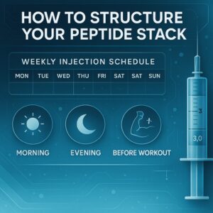 Infographic explaining how to structure a peptide stack, showing a weekly injection schedule with morning, evening, and pre-workout timing options.