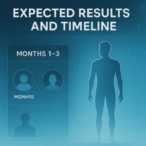 Infographic titled ‘Expected Results and Timeline’ showing projected body changes over months one to three using a peptide protocol, illustrated with human silhouettes.