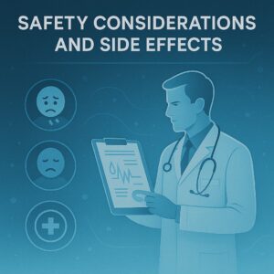 Medical illustration highlighting safety considerations and potential side effects of peptide use, showing a doctor reviewing patient health data with caution symbols.